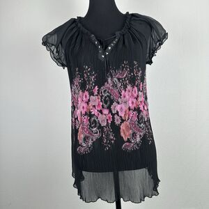 Chaudry KC Top Womens Small Black Sheer Pleated Loose Flowy Tropical Floral NEW